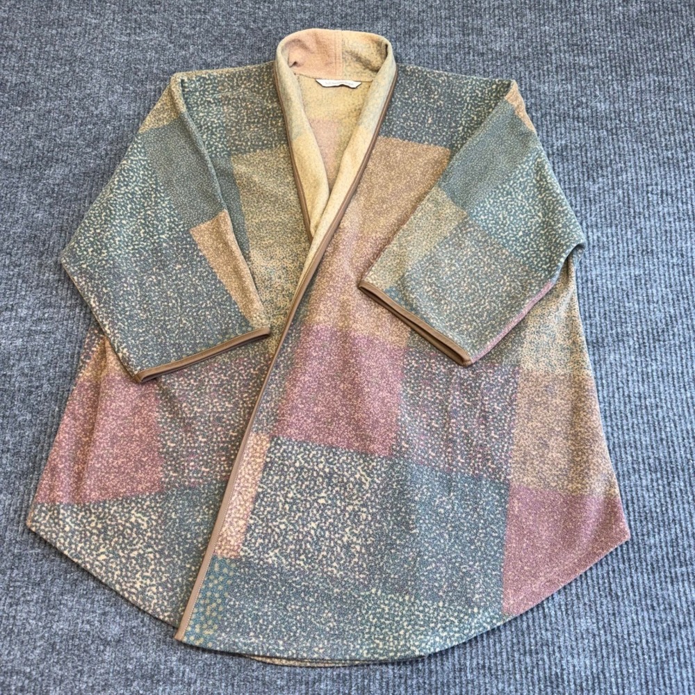 Soft Surroundings Fleece Open Front Cardigan Jacket Multi Color Patchwork S/M